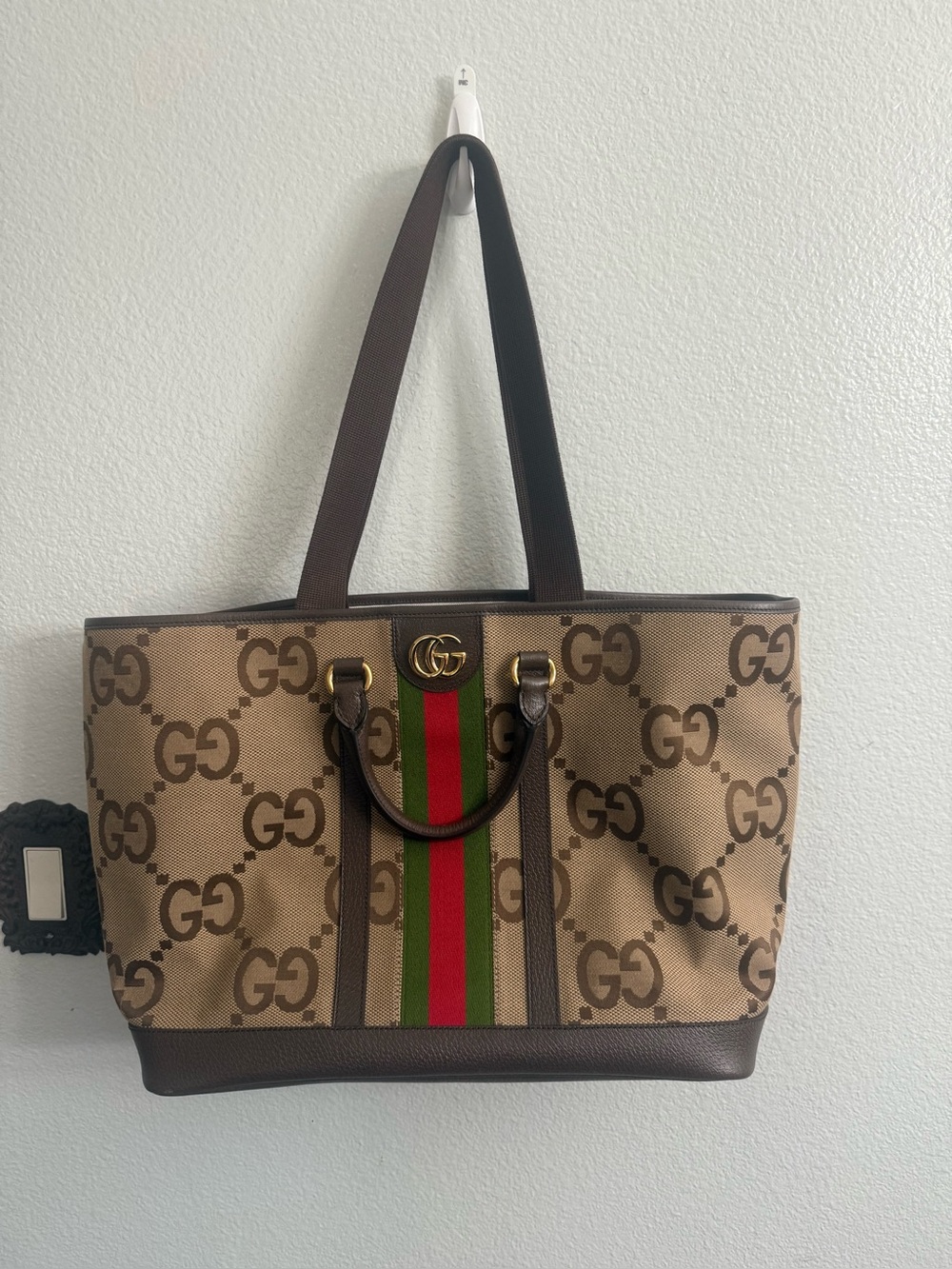 Brand new gucci tote Gucci Brown GG Canvas  Tote with Green-Red Web Stripe